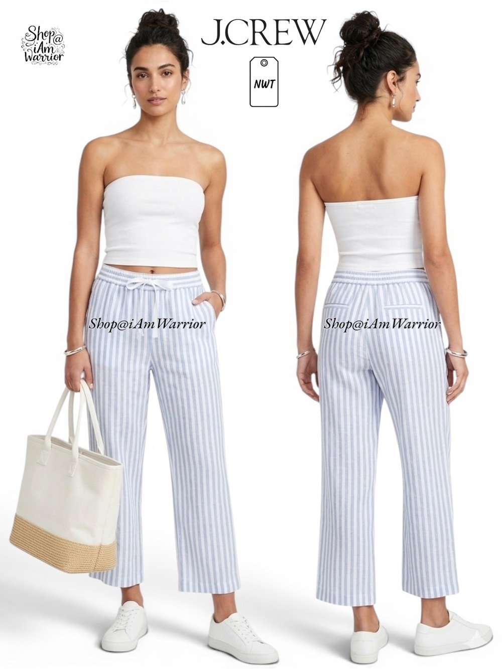 J.Crew NWT Blue & White CoastalStriped Linen Cropped Wide Leg Pants @iAmWarrior